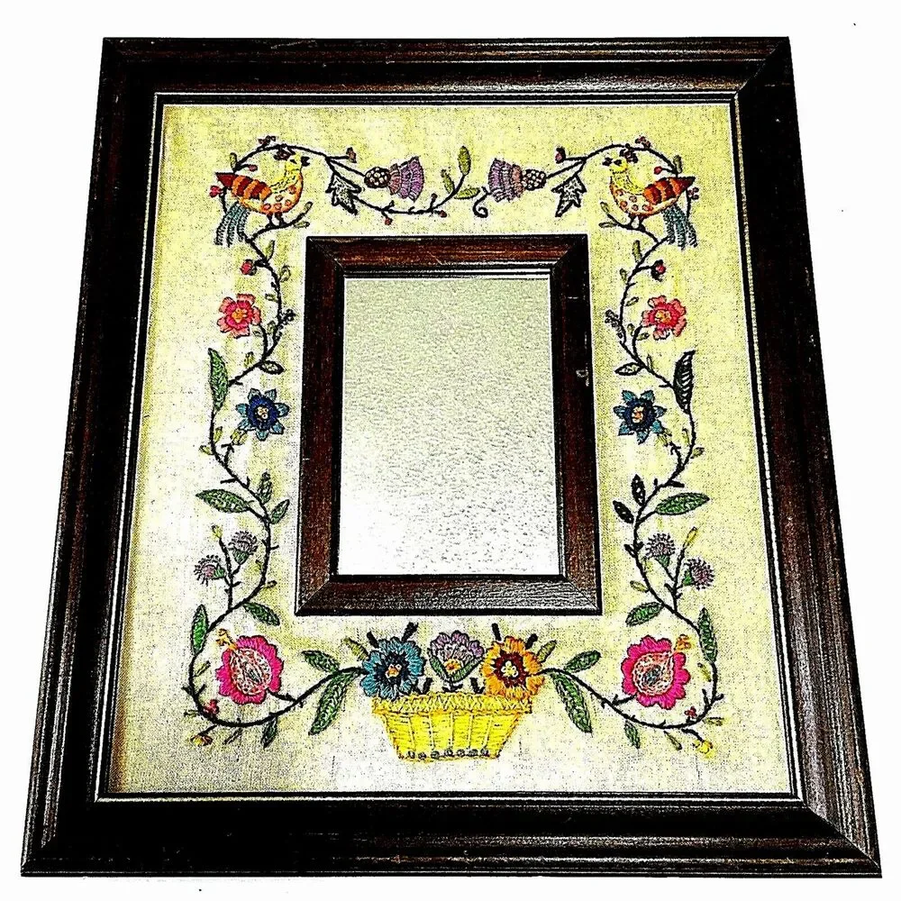 Antique Framed Mirror Crewel Embroidery Jacobean Sampler Linen Wool Floral Bird